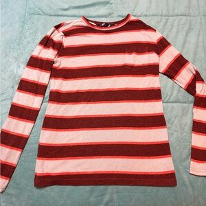 Lands' End Women's Striped Crew Neck Sweater- Gray, Orange, and Burgundy Stripes